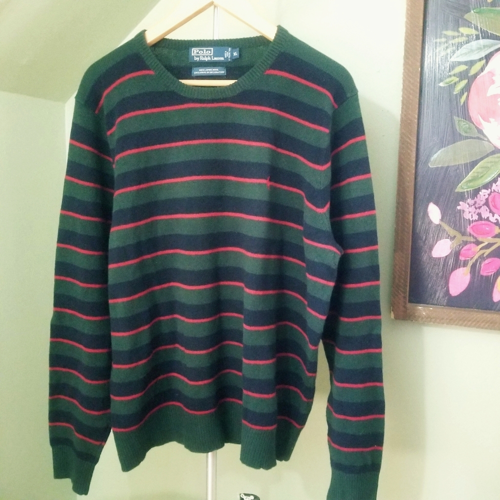 Ralph Lauren Polo green and navy striped wool sweater men's Size XL